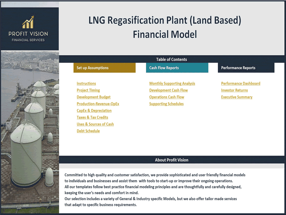 LNG Regasification Plant (Land Based) -Project Finance Model (Excel template (XLSX)) Preview Image