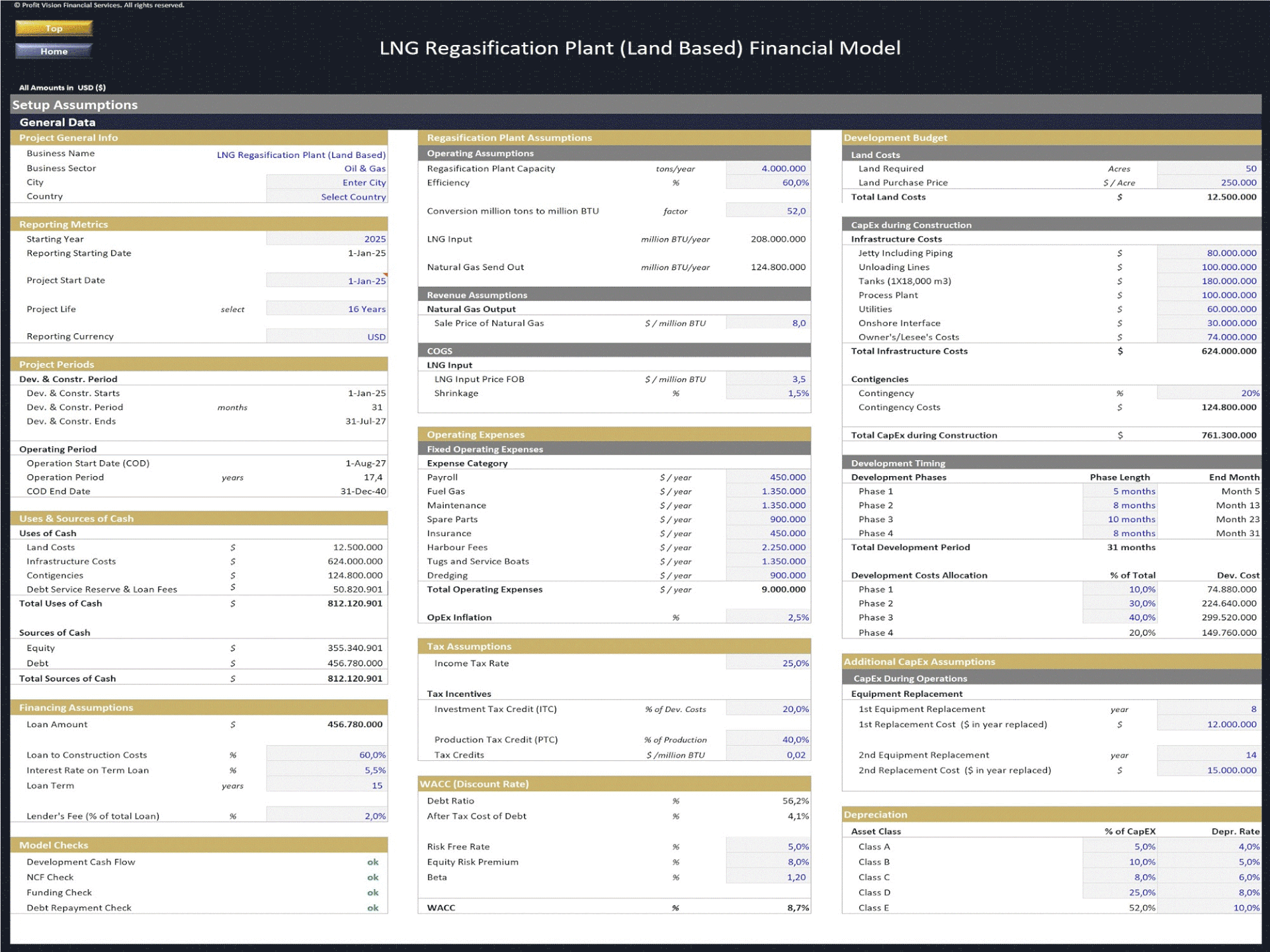 LNG Regasification Plant (Land Based) -Project Finance Model (Excel template (XLSX)) Preview Image