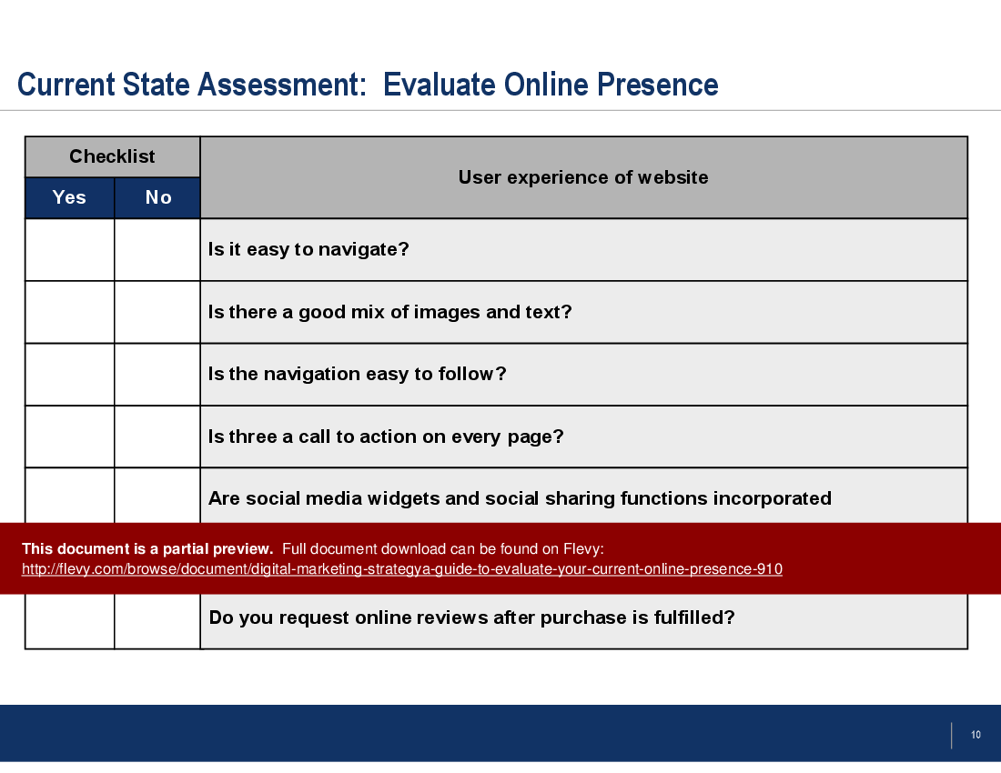 This is a partial preview of Digital Marketing Strategy:  A Guide to Evaluate Your Current Online Presence (17-slide PowerPoint presentation (PPTX)). Full document is 17 slides. 