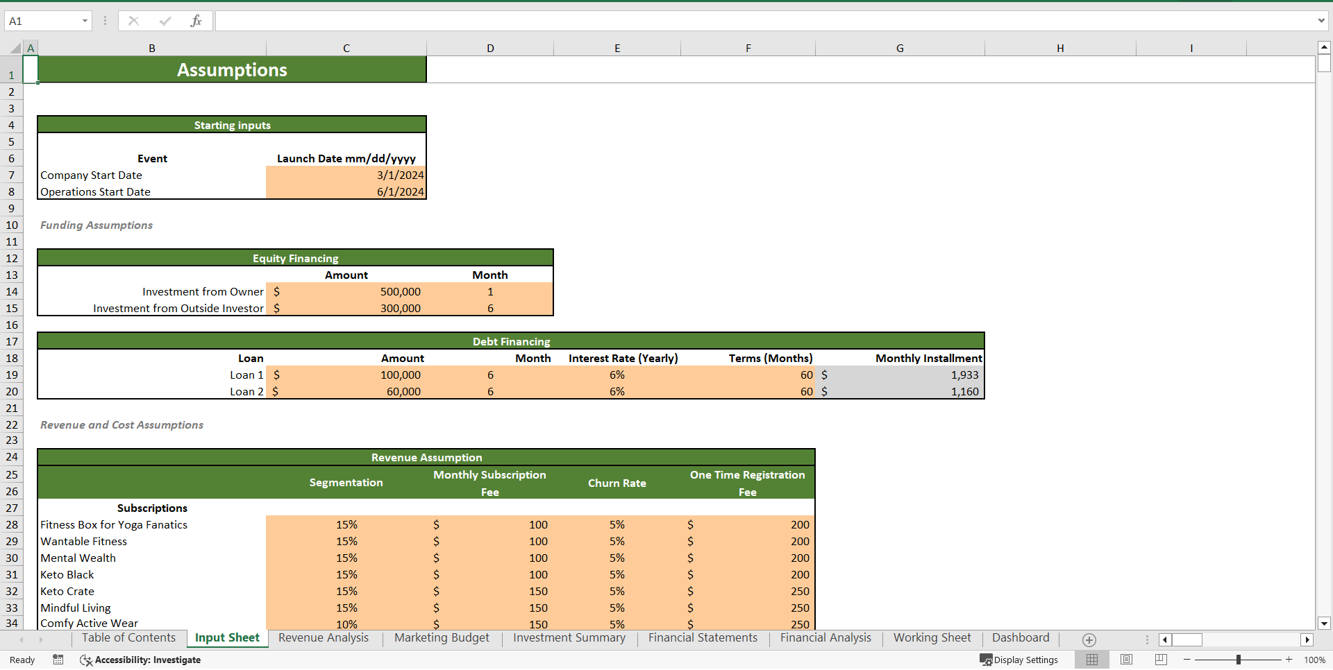 Fitness Subscription Excel Financial Model Template (Excel template (XLSX)) Preview Image