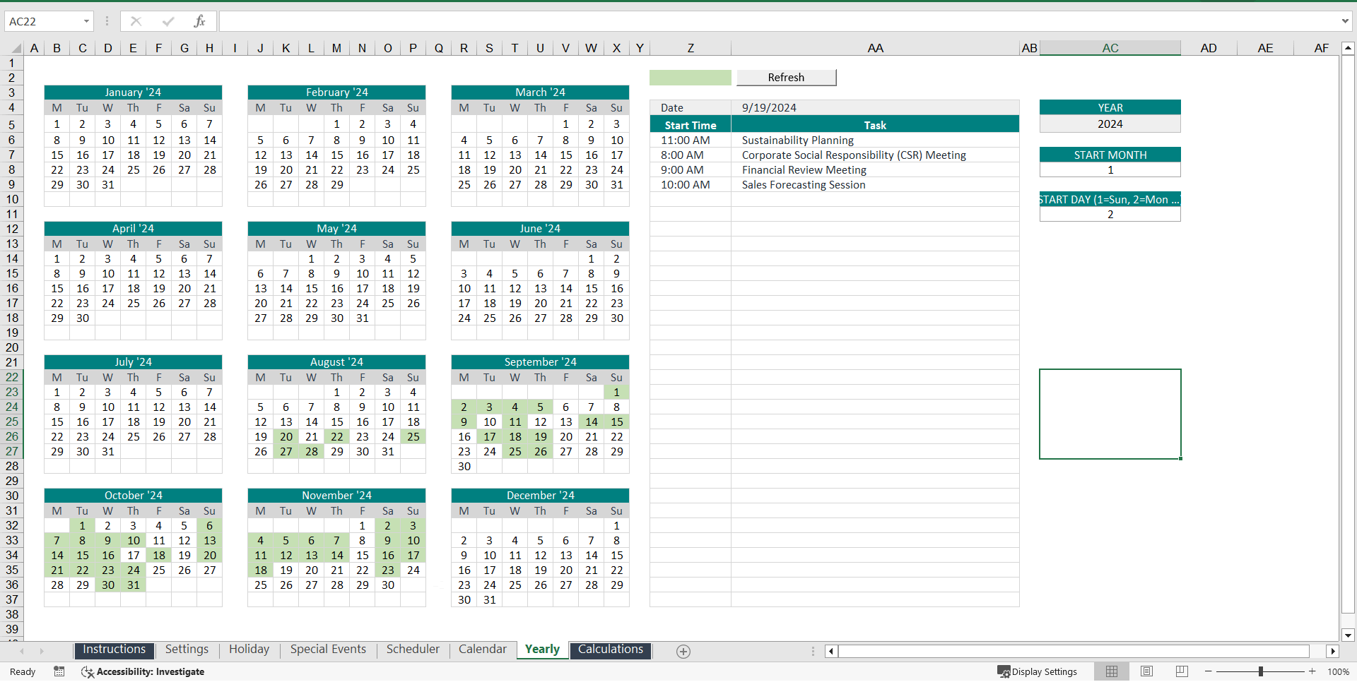 Dynamic Yearly and Monthly Calendar / Appointment Scheduler (Excel template (XLSM)) Preview Image