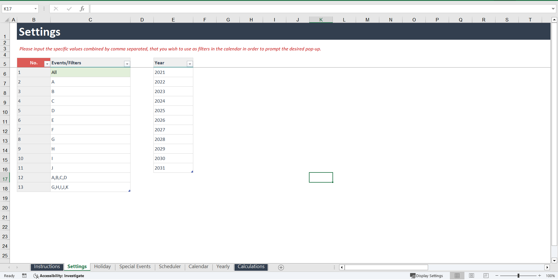 Dynamic Yearly and Monthly Calendar / Appointment Scheduler (Excel template (XLSM)) Preview Image