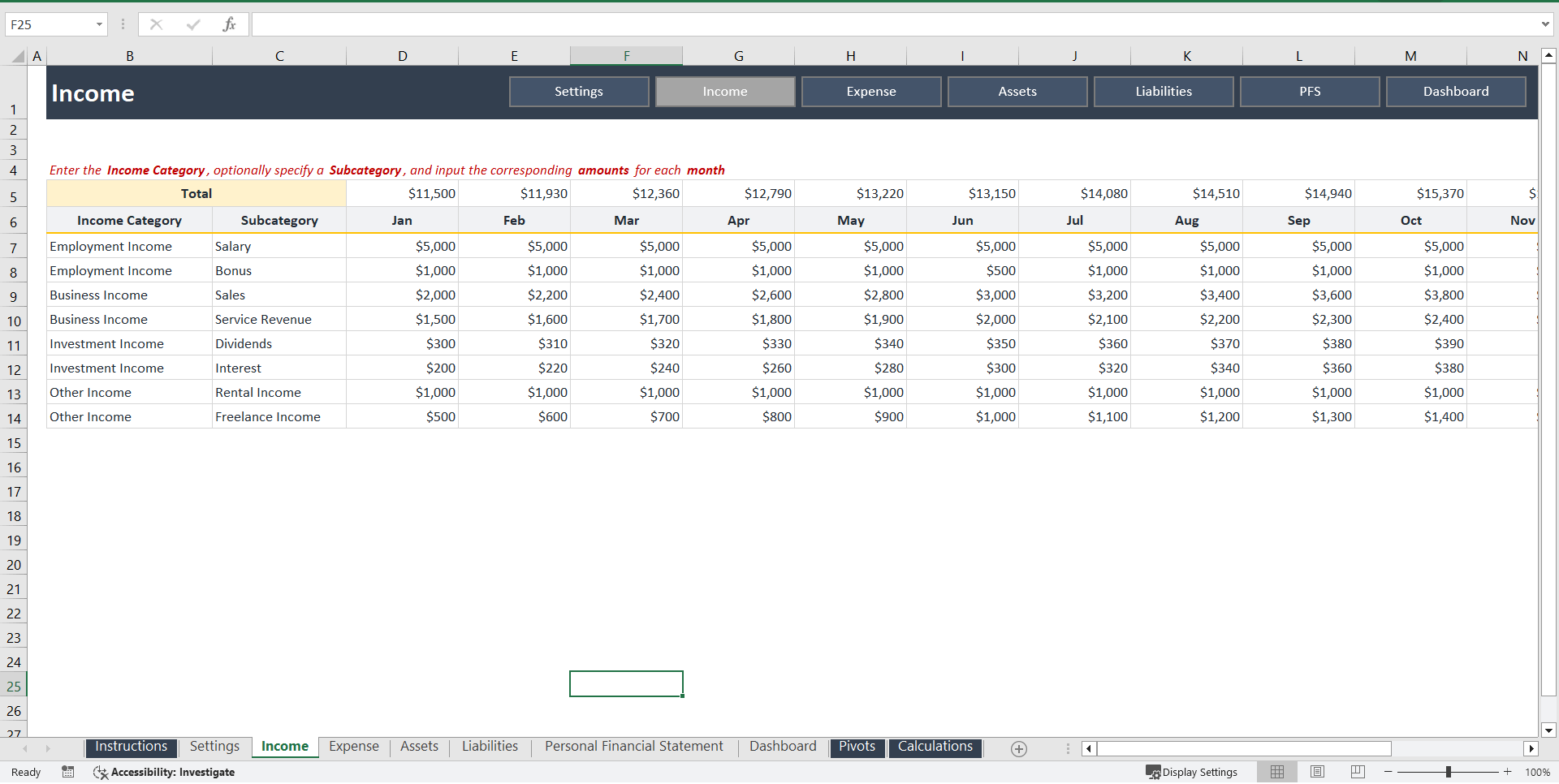 Personal Finance Statement Excel Template (Excel template (XLSX)) Preview Image