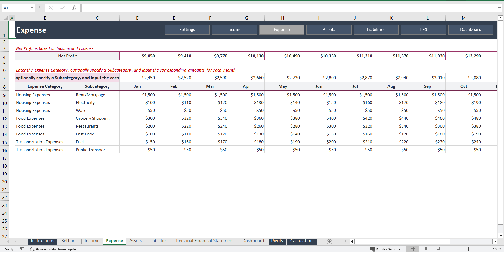 Personal Finance Statement Excel Template (Excel template (XLSX)) Preview Image