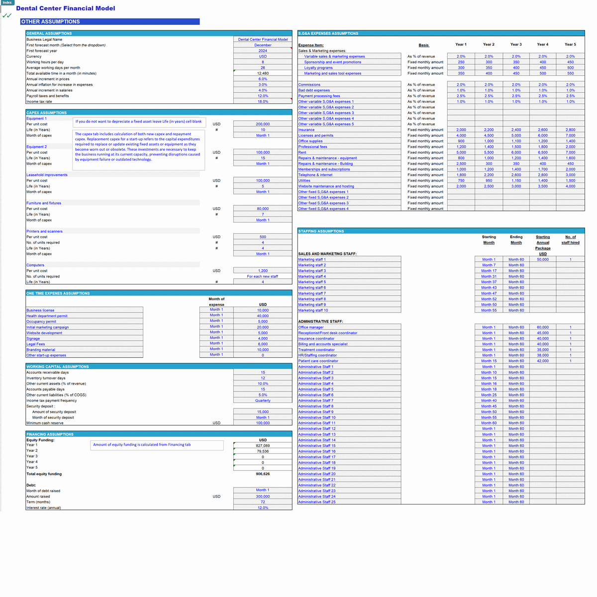 Dental Center 5-Year Monthly Financial Projection Model (Excel template (XLSX)) Preview Image