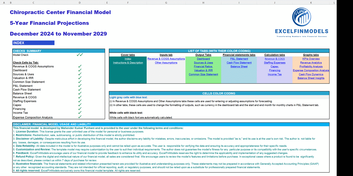 Chiropractic Center 5-Year Monthly Financial Projection Mode (Excel template (XLSX)) Preview Image