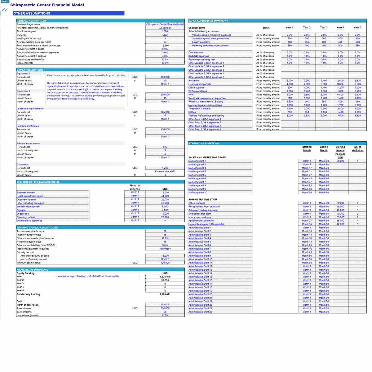 Chiropractic Center 5-Year Monthly Financial Projection Mode (Excel template (XLSX)) Preview Image