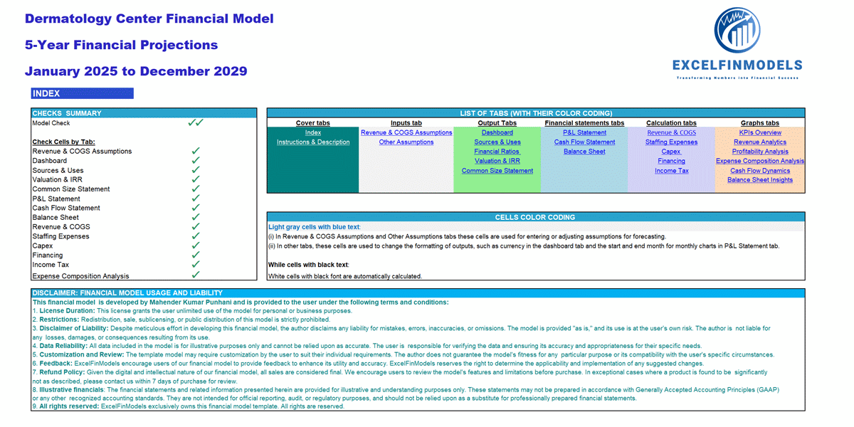 Dermatology Center Financial Projection & Valuation Model (Excel template (XLSX)) Preview Image