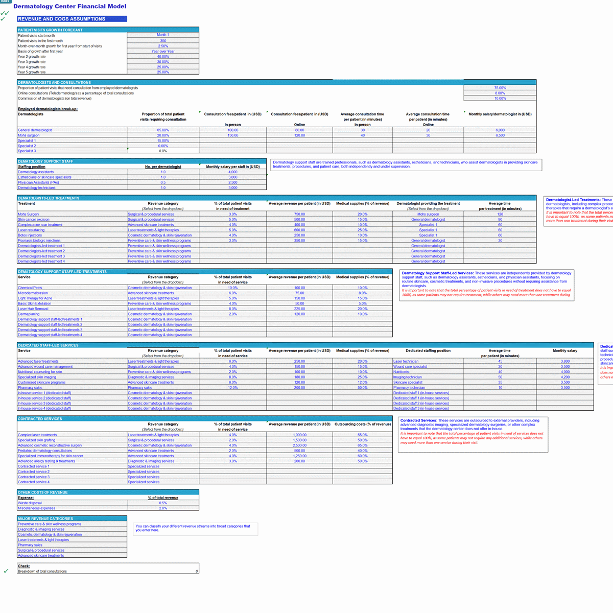 Dermatology Center Financial Projection & Valuation Model (Excel template (XLSX)) Preview Image