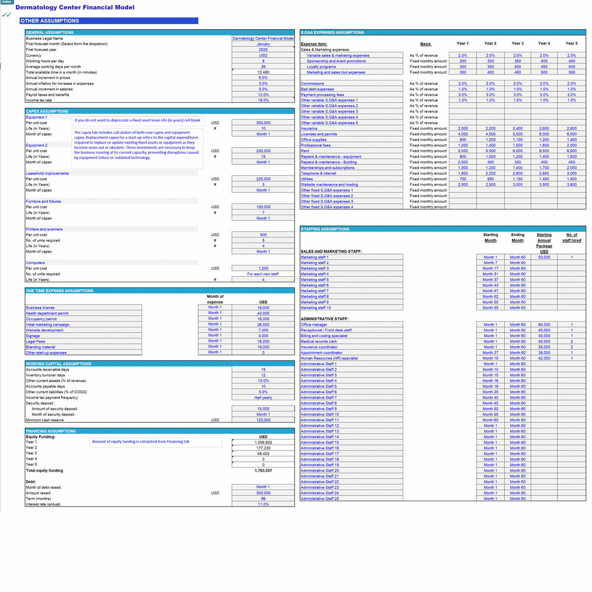 Dermatology Center Financial Projection & Valuation Model (Excel template (XLSX)) Preview Image