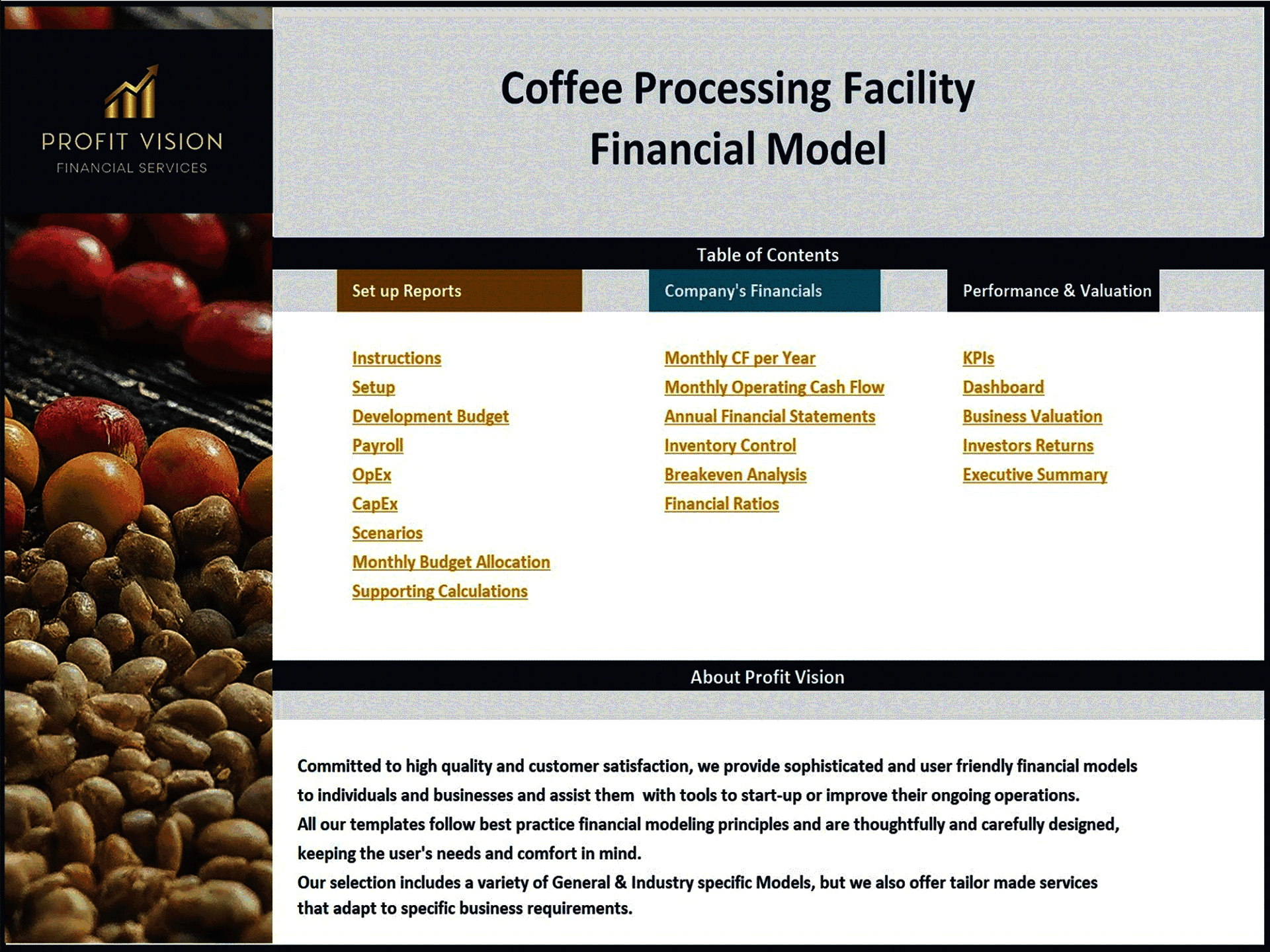 Coffee Processing Facility – 10 Year Financial Model (Excel template (XLSX)) Preview Image