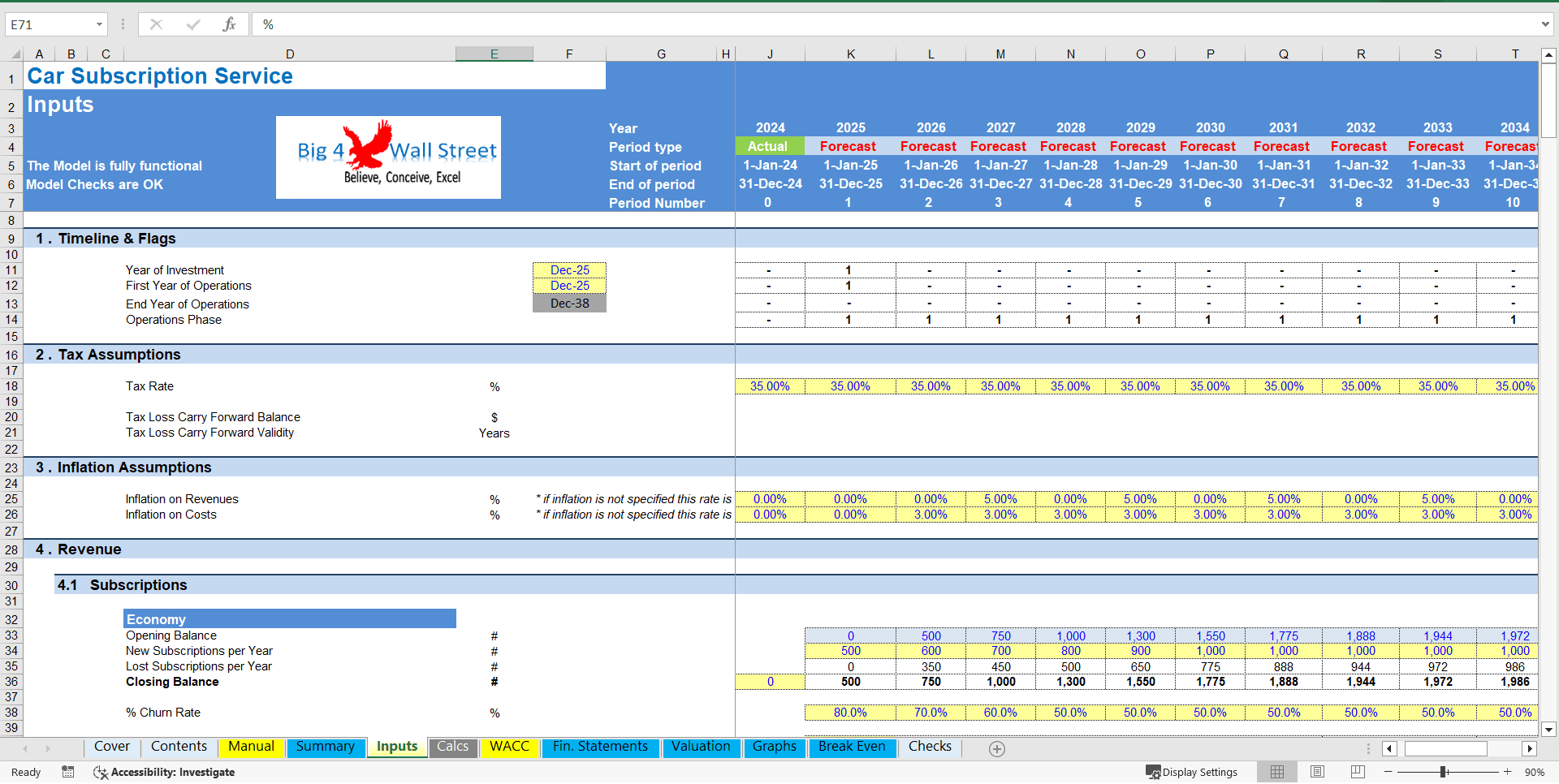 Car Subscription Service - Financial Model (10+ Year DCF Model) (Excel template (XLSX)) Preview Image