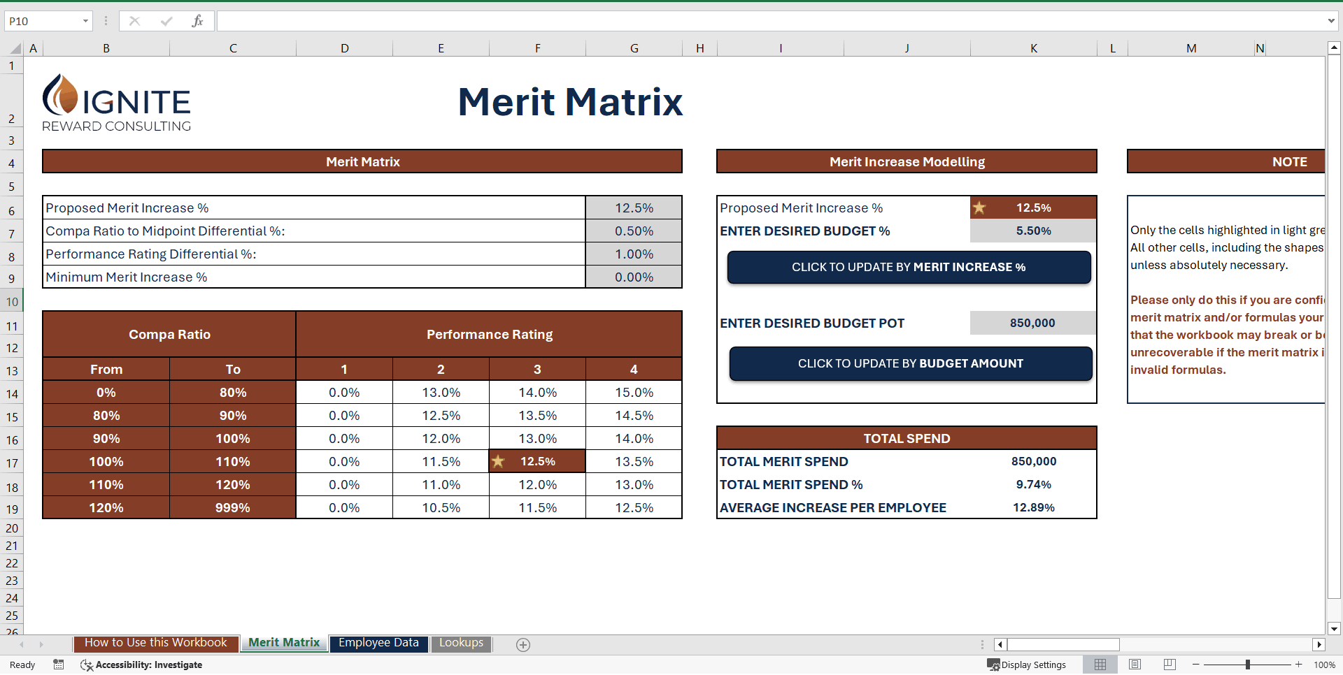 Compensation - Annual Increase Merit Matrix Template (Excel template (XLSM)) Preview Image