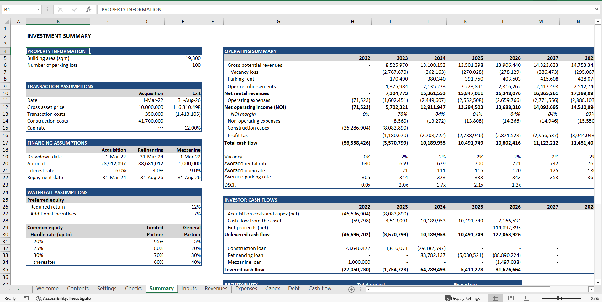 Real Estate Development ("Build-Hold-Sell") Financial Model (Excel template (XLSX)) Preview Image