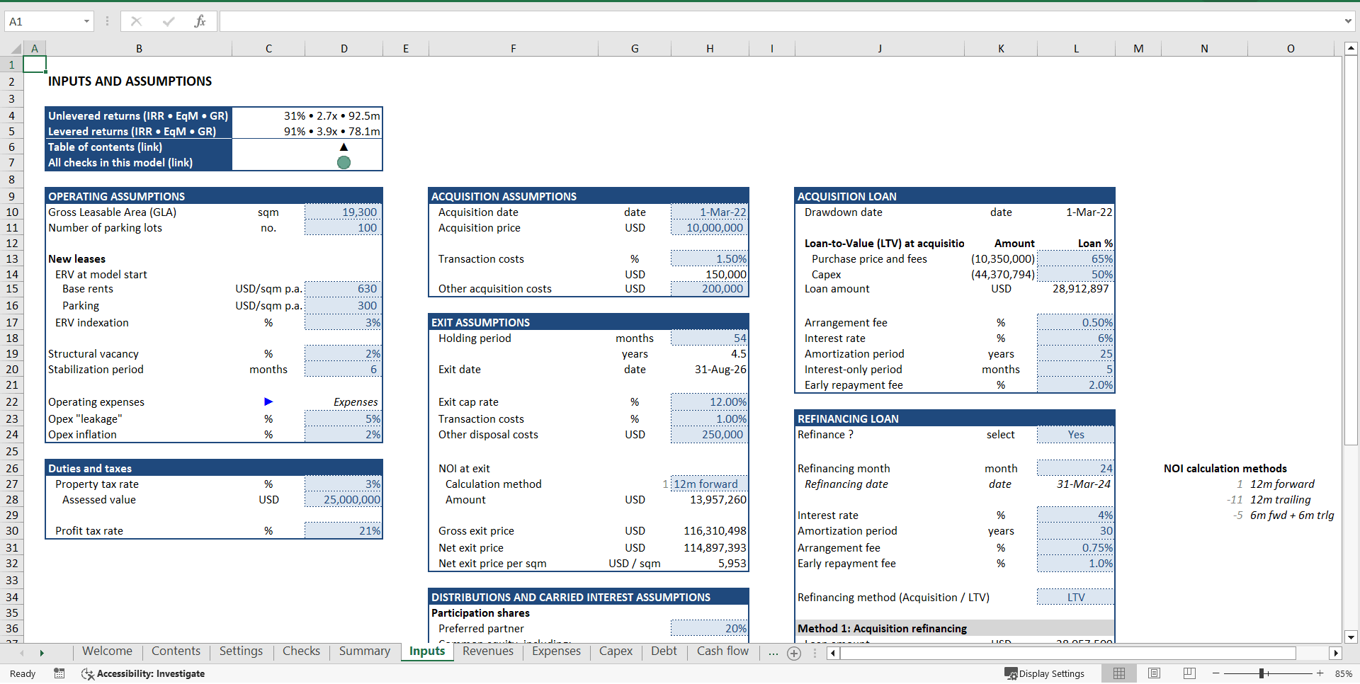 Real Estate Development ("Build-Hold-Sell") Financial Model (Excel template (XLSX)) Preview Image