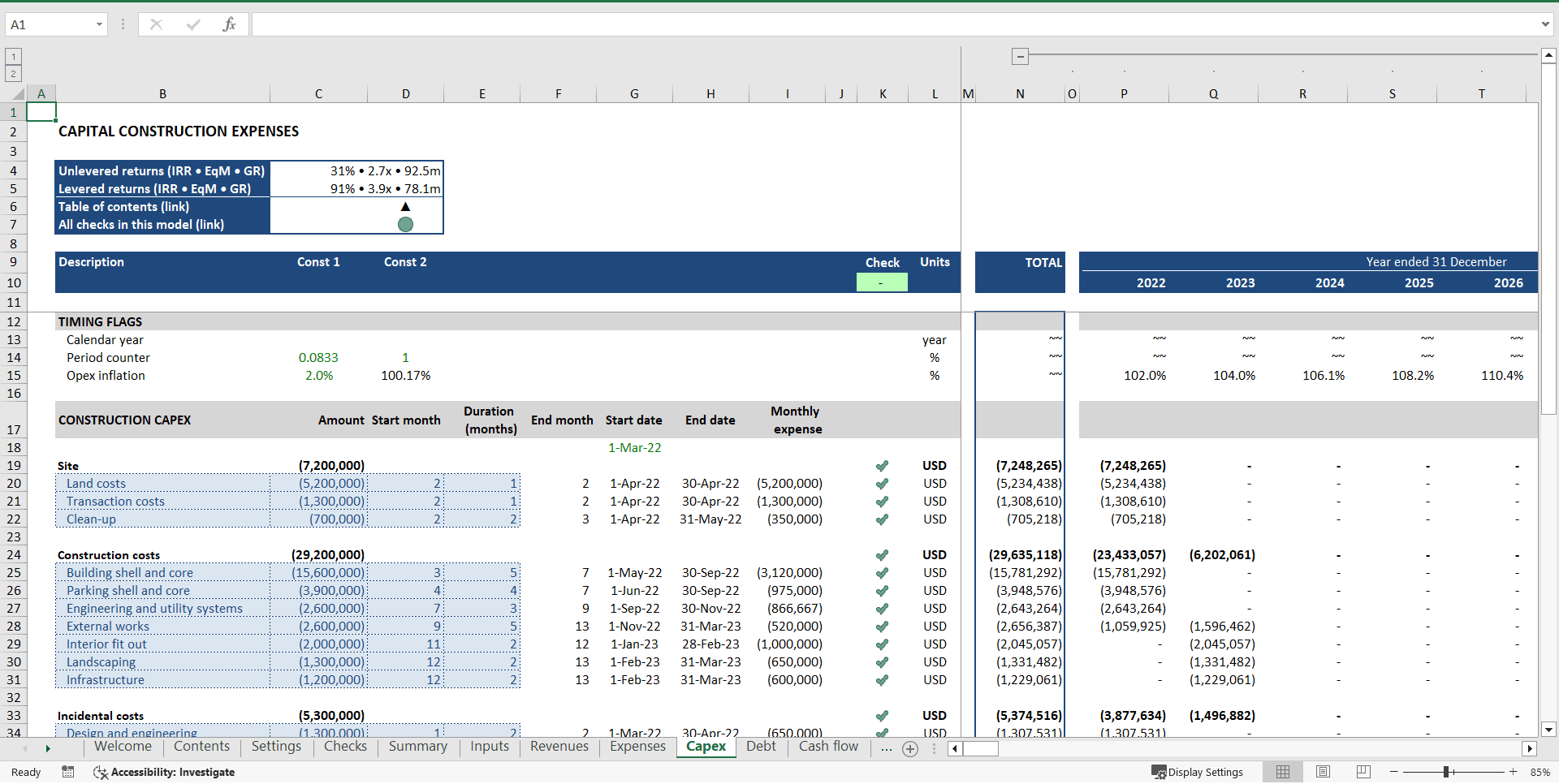 Real Estate Development ("Build-Hold-Sell") Financial Model (Excel template (XLSX)) Preview Image