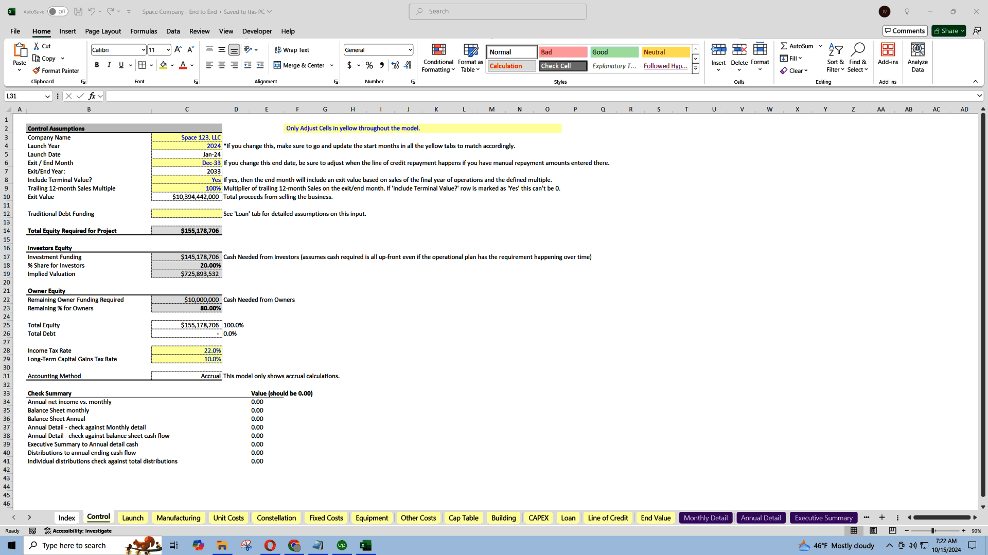 Space Company Startup Financial Model (Excel template (XLSX)) Preview Image