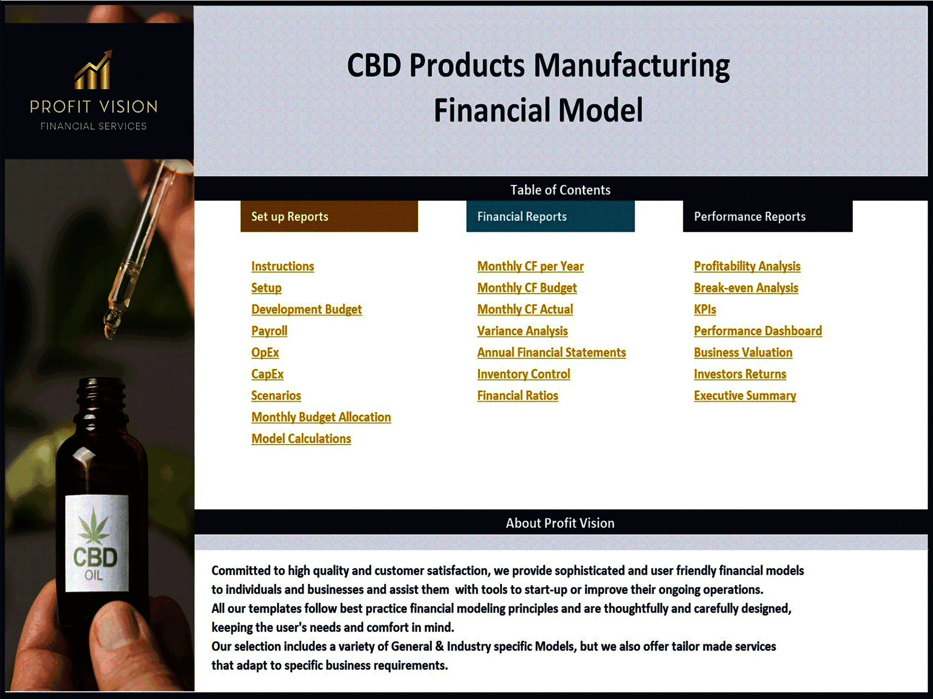 CBD Products Manufacturing – 10 Year Financial Model (Excel template (XLSX)) Preview Image