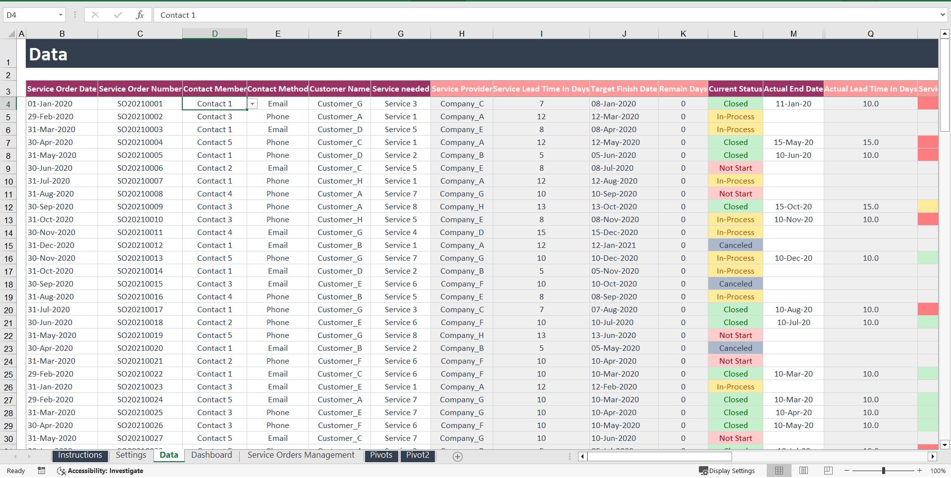 Service Orders Coordinator Template (Excel template (XLSX)) Preview Image