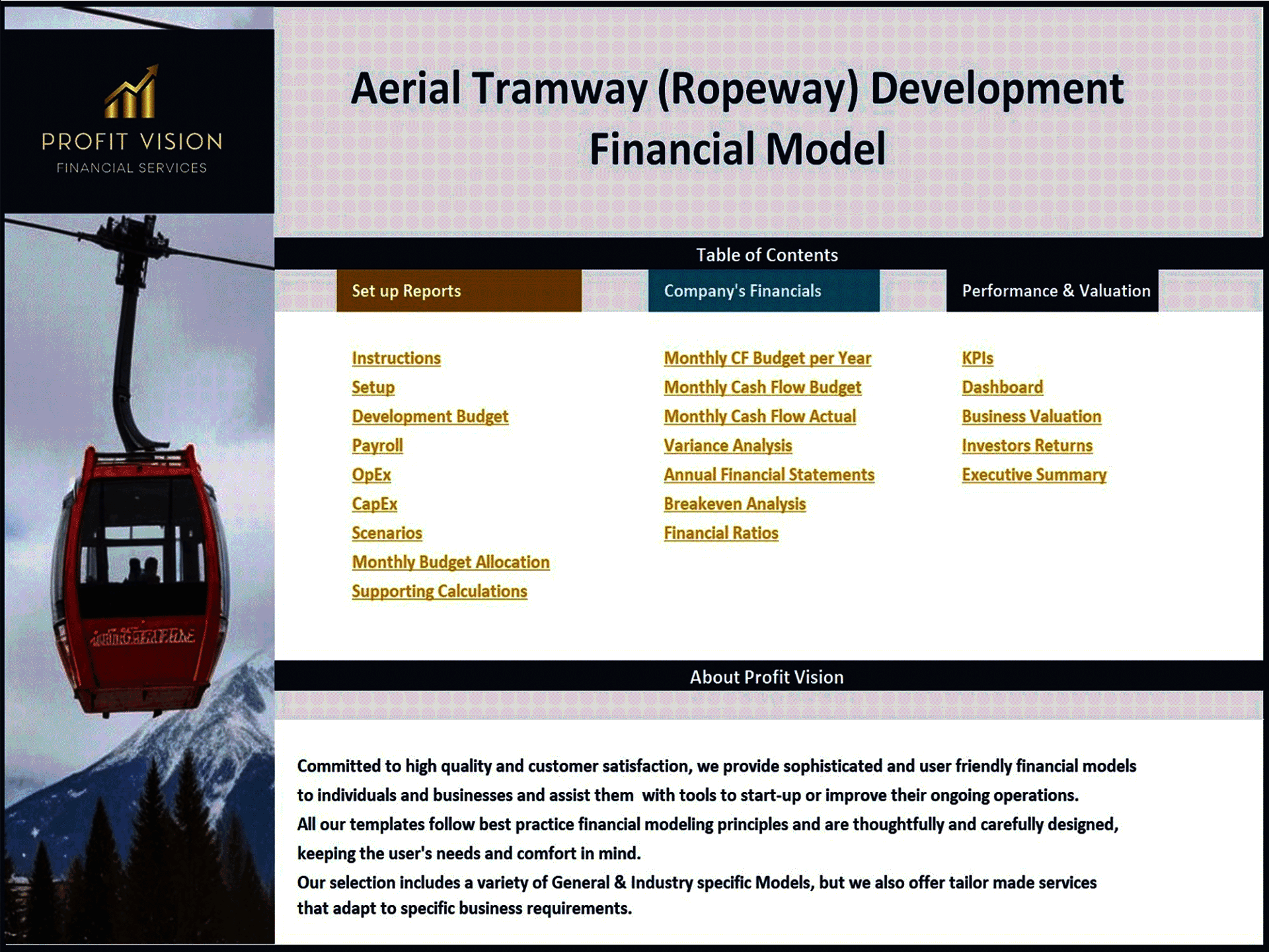 Aerial Tramway Development – 10 Year Financial Model (Excel template (XLSX)) Preview Image