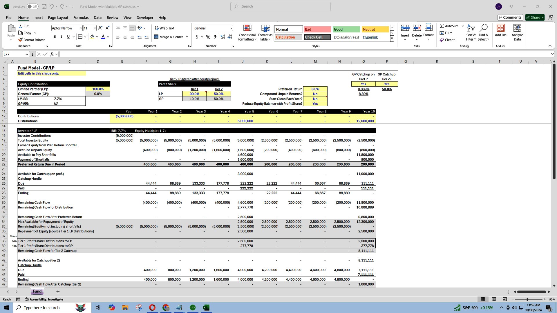 GP/LP Fund Structure with Multiple GP Catch-ups (Excel template (XLSX)) Preview Image