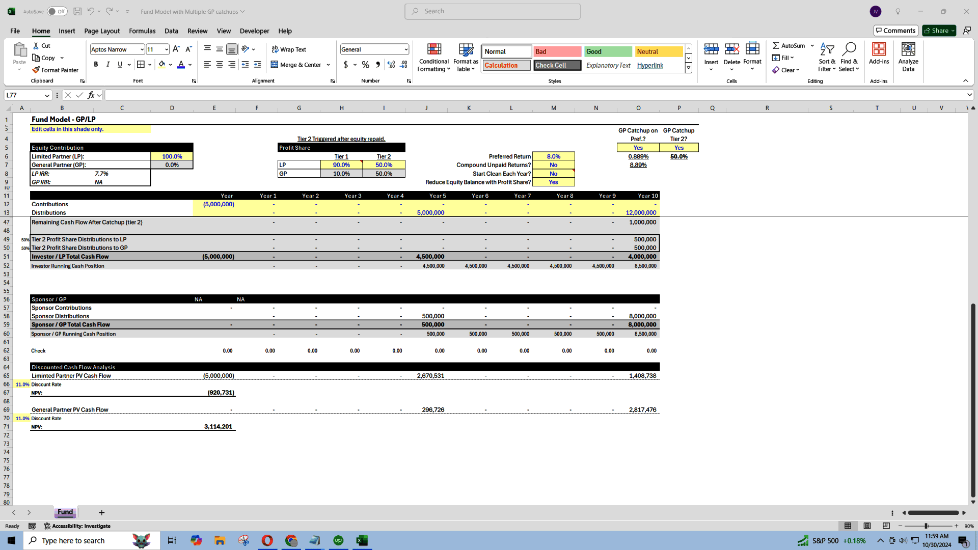 GP/LP Fund Structure with Multiple GP Catch-ups (Excel template (XLSX)) Preview Image