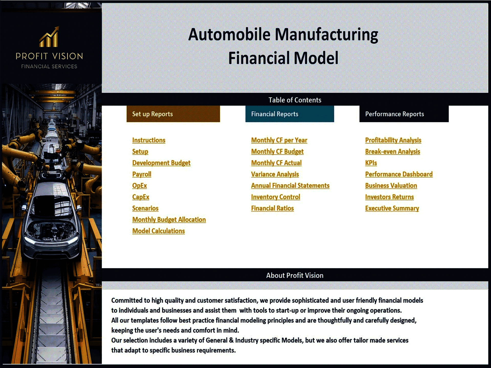 Automobile Manufacturing – 10 Year Financial Model (Excel template (XLSX)) Preview Image