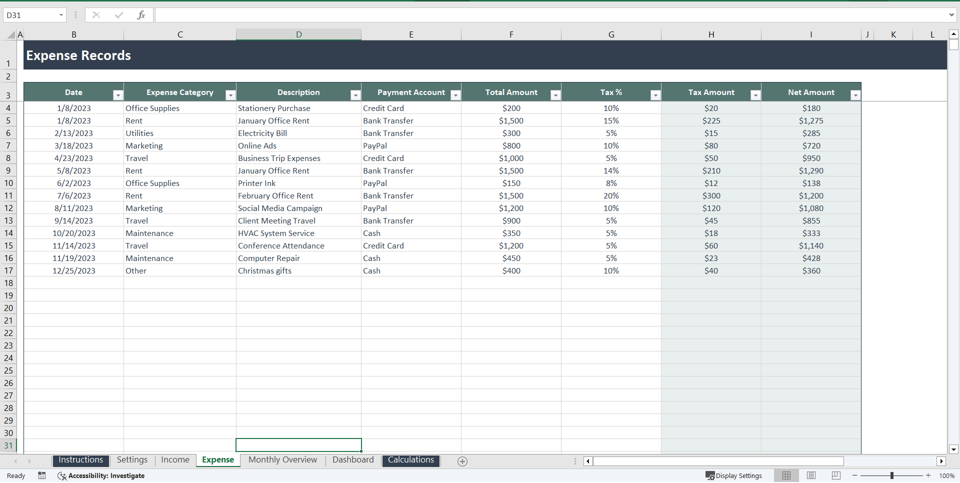 Bookkeeping Excel Template (Excel template (XLSX)) Preview Image