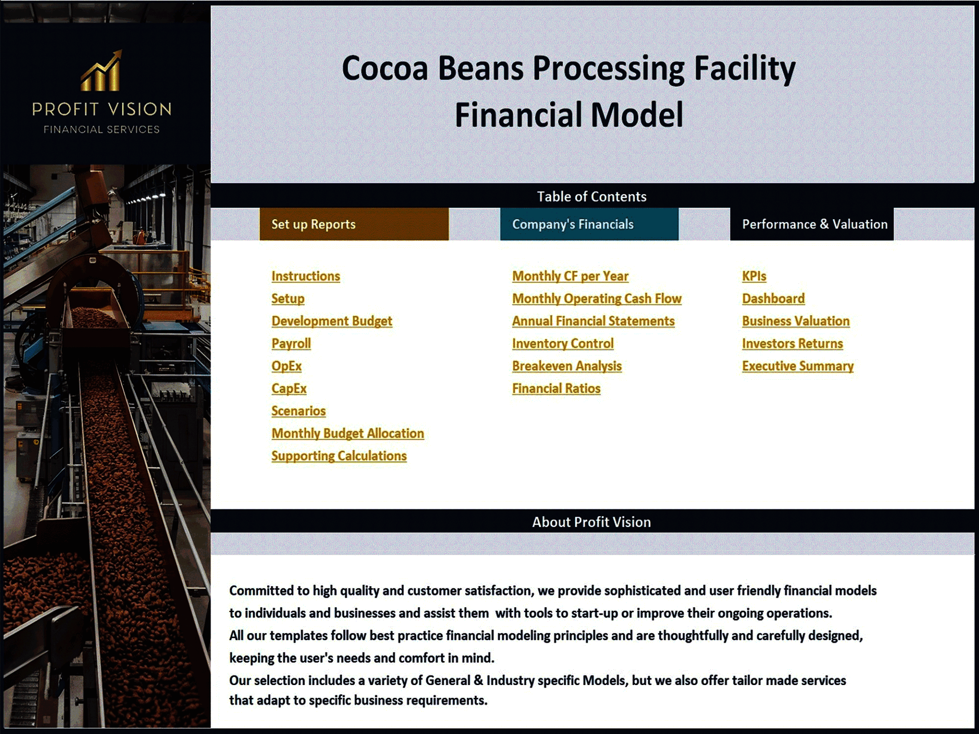 Cocoa Processing Facility – 10 Year Financial Model (Excel template (XLSX)) Preview Image