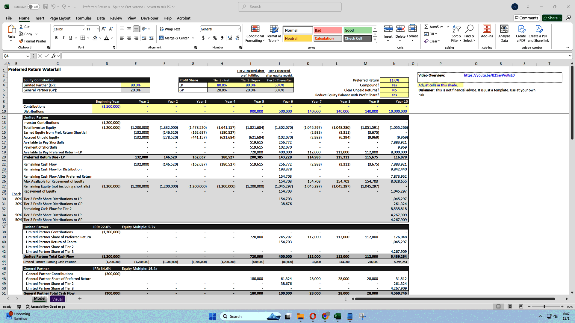 Preferred Return Waterfall with Optional GP/LP Preferred Split (Excel template (XLSX)) Preview Image