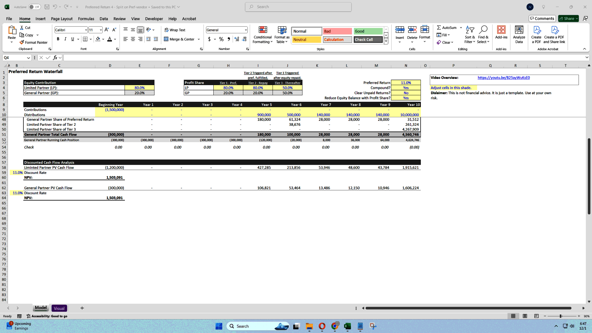 Preferred Return Waterfall with Optional GP/LP Preferred Split (Excel template (XLSX)) Preview Image