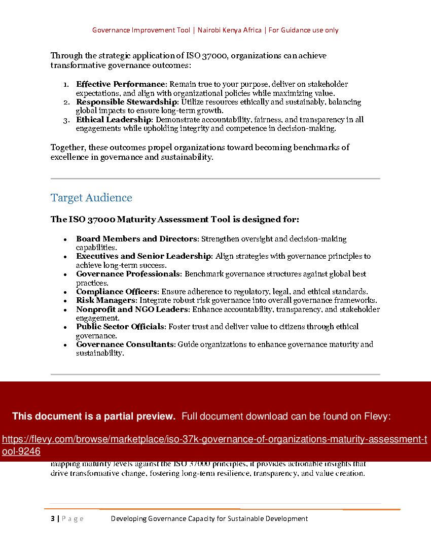 ISO 37K Governance of Organizations Maturity Assessment Tool (13-page PDF document) Preview Image