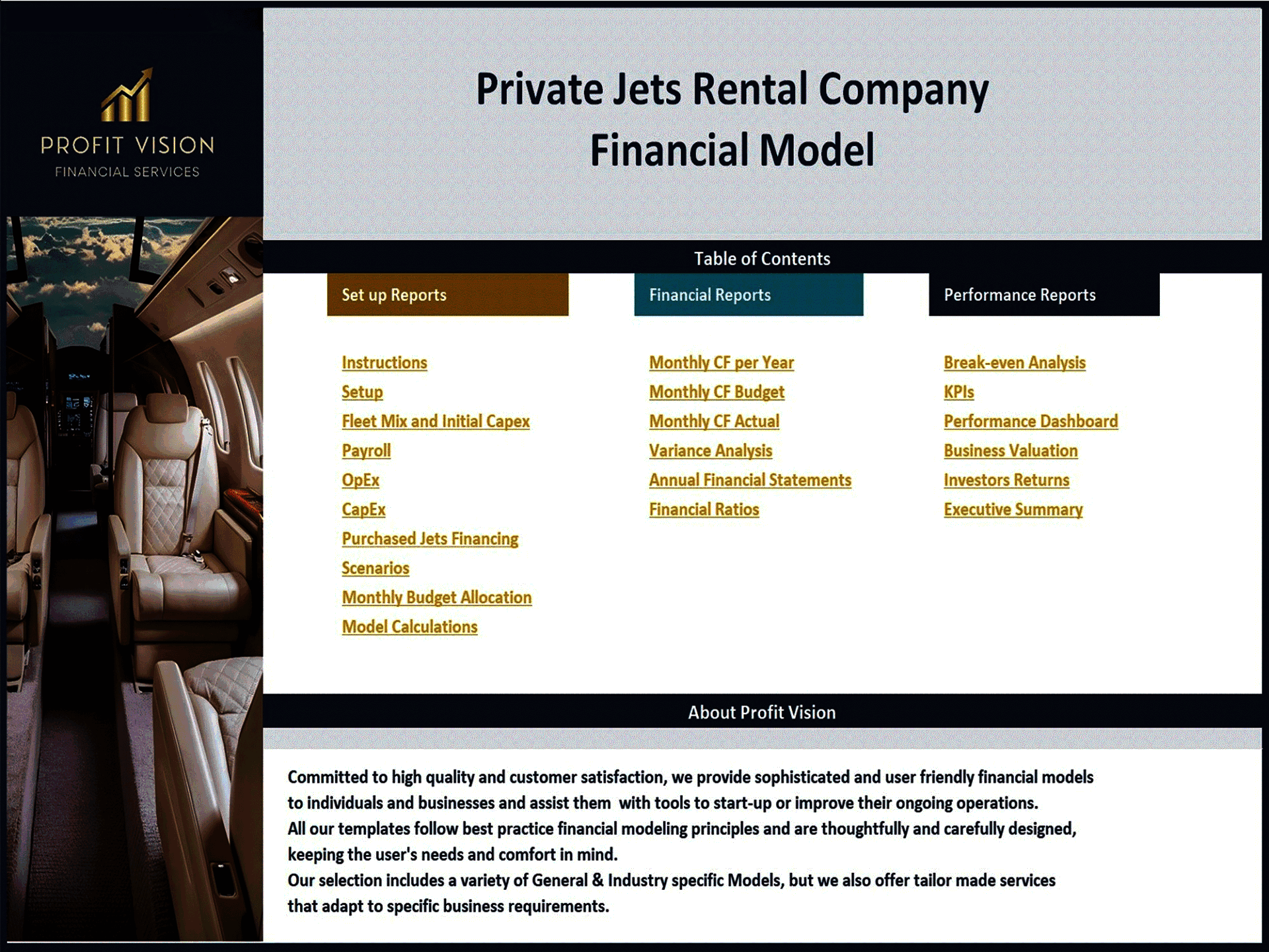 Private Jets Rental Company – 10 Year Financial Model (Excel template (XLSX)) Preview Image