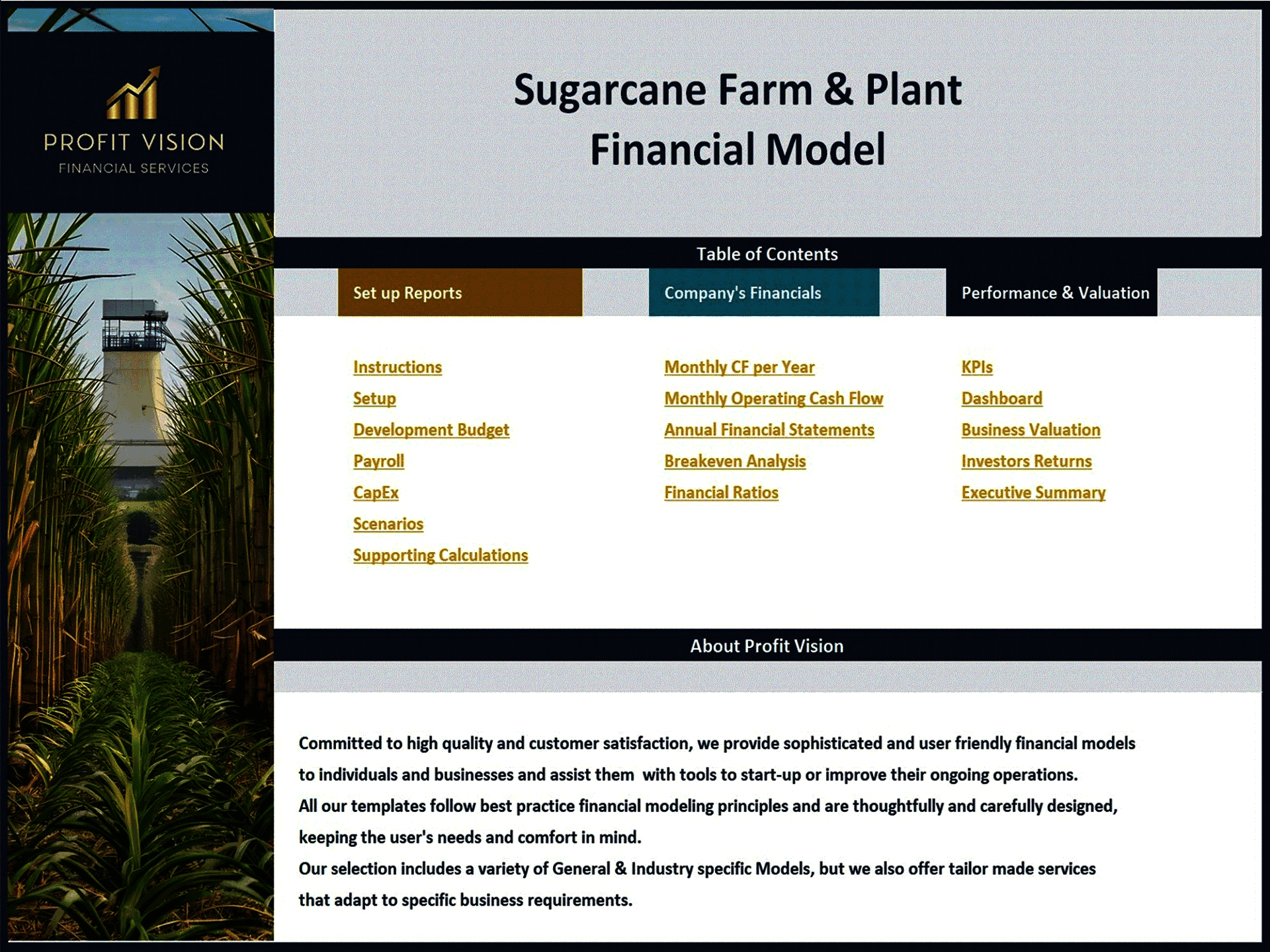 Sugarcane Farm & Processing Facility Financial Model (Excel template (XLSX)) Preview Image