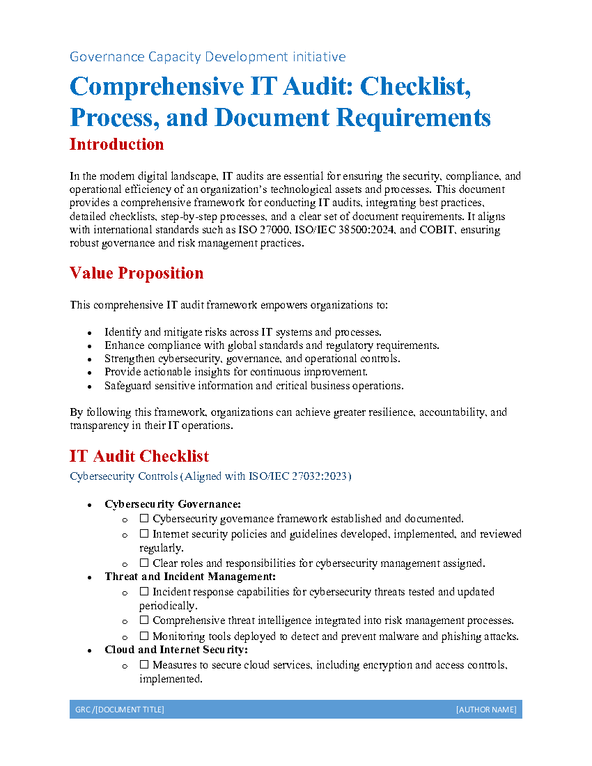 Comprehensive IT Audit: Checklist, Process & Docs Requests (7-page Word document) Preview Image