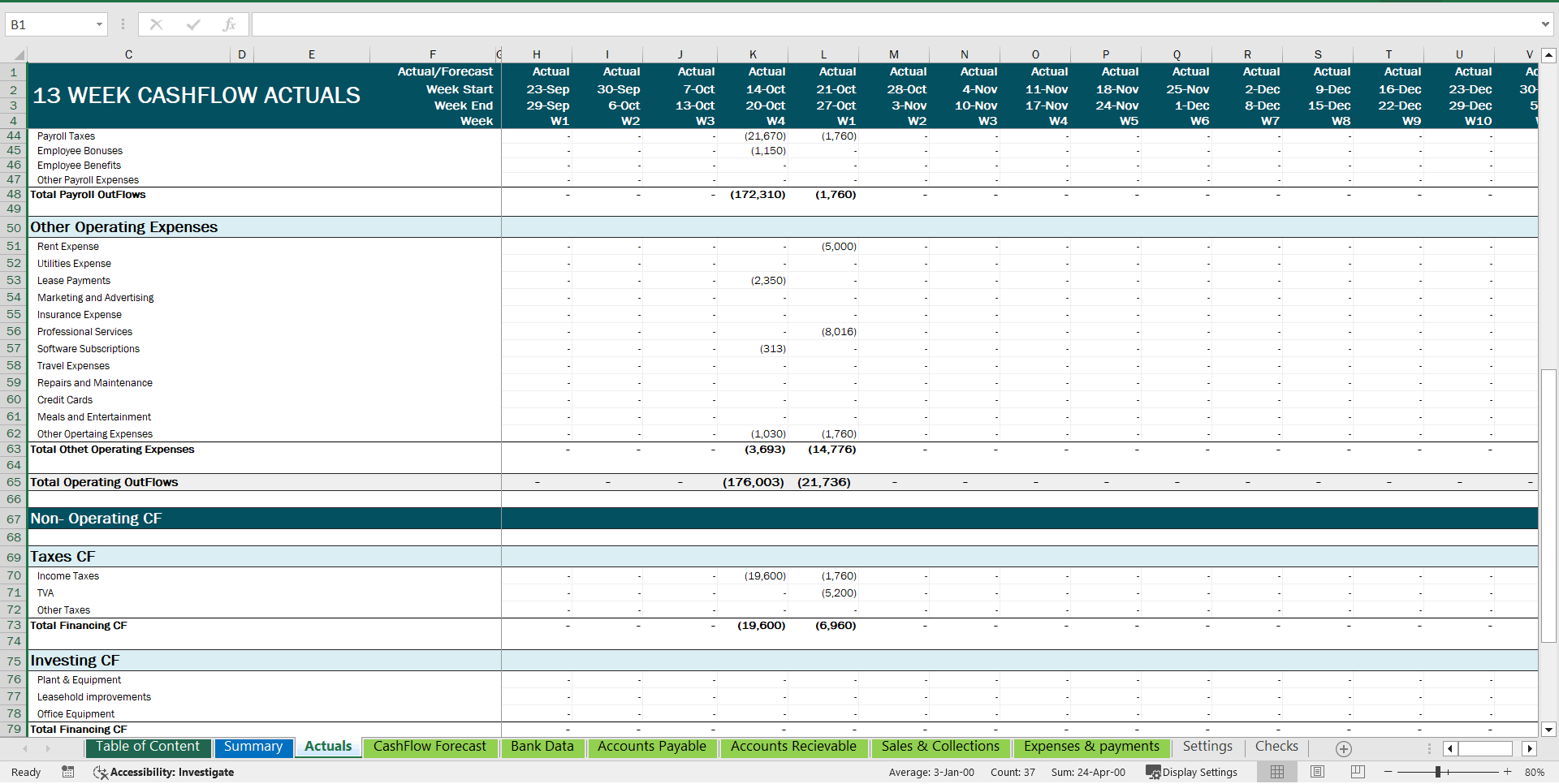 13-Week Cash Flow Forecast Template (Excel template (XLSX)) Preview Image