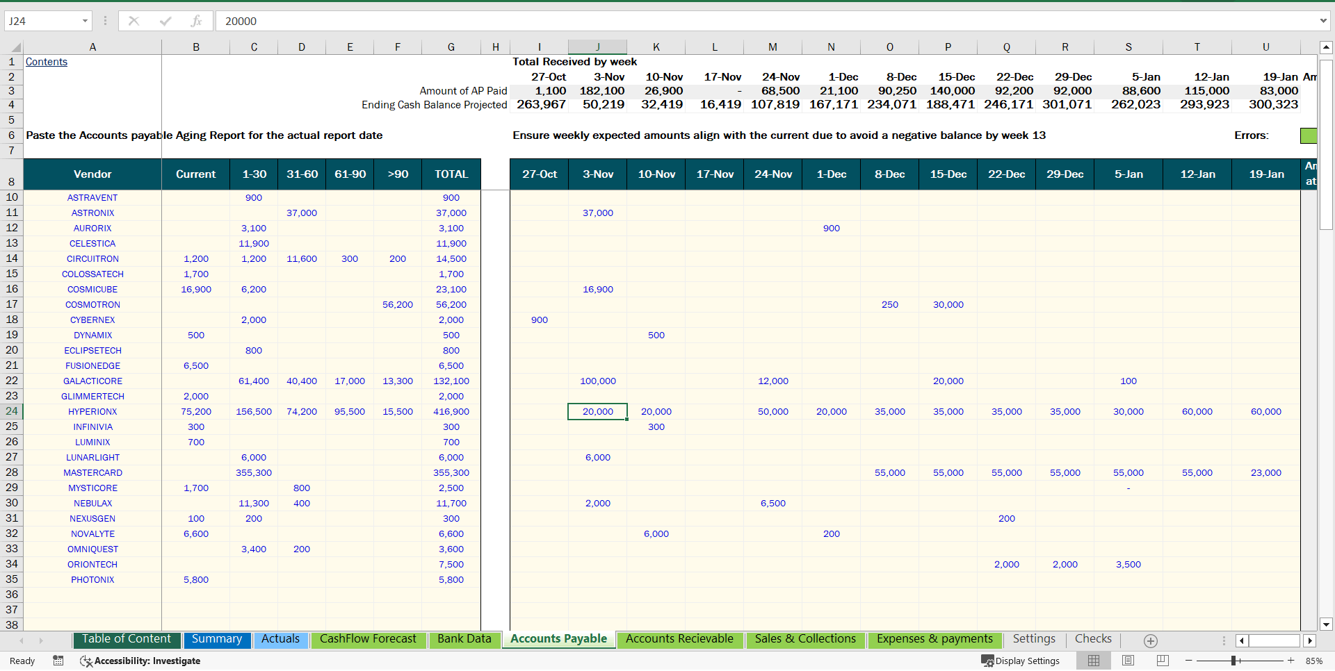 13-Week Cash Flow Forecast Template (Excel template (XLSX)) Preview Image