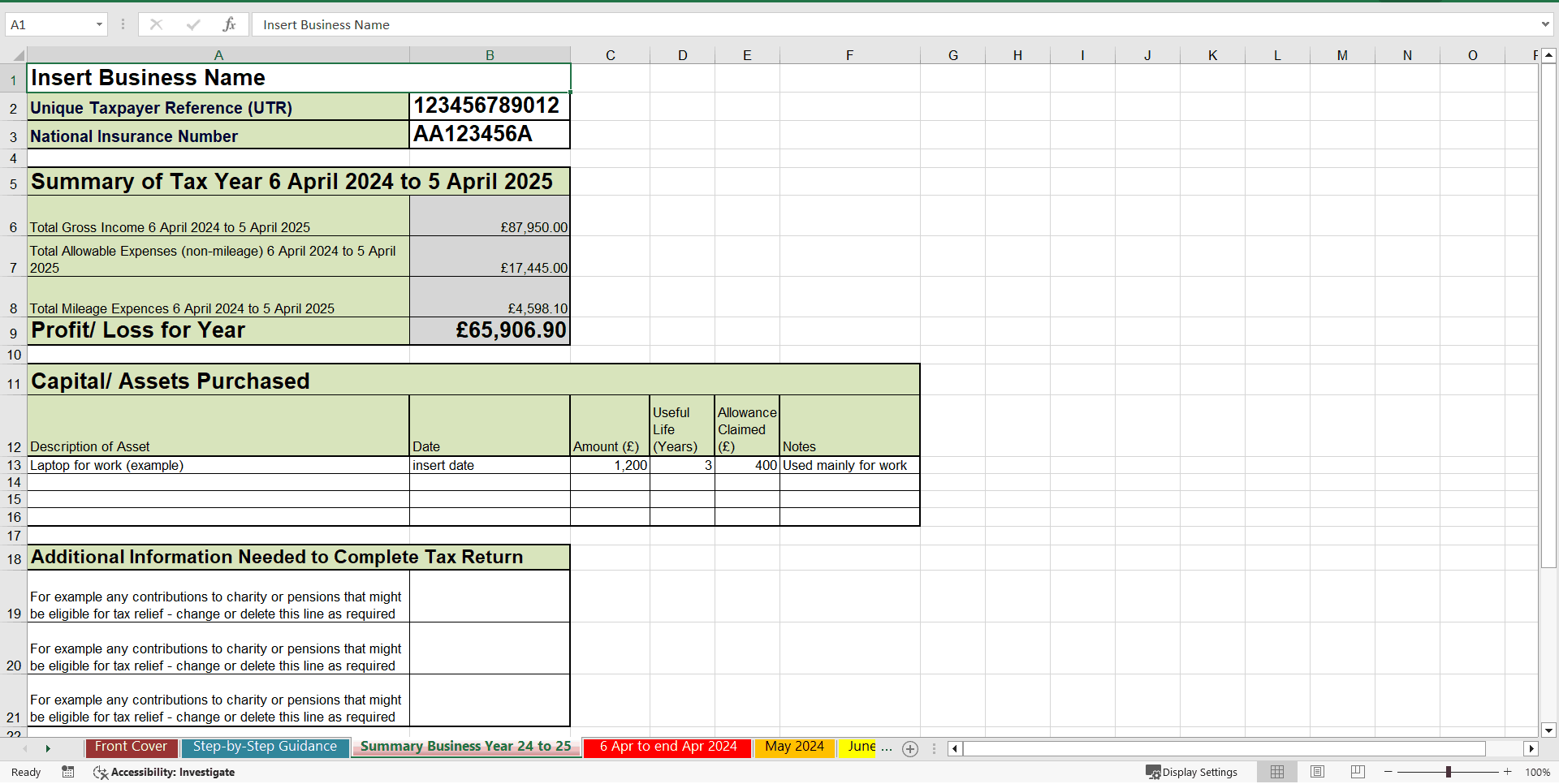 2024-2025 UK Self-assessment Tax Return Template & Example (Excel template (XLSX)) Preview Image