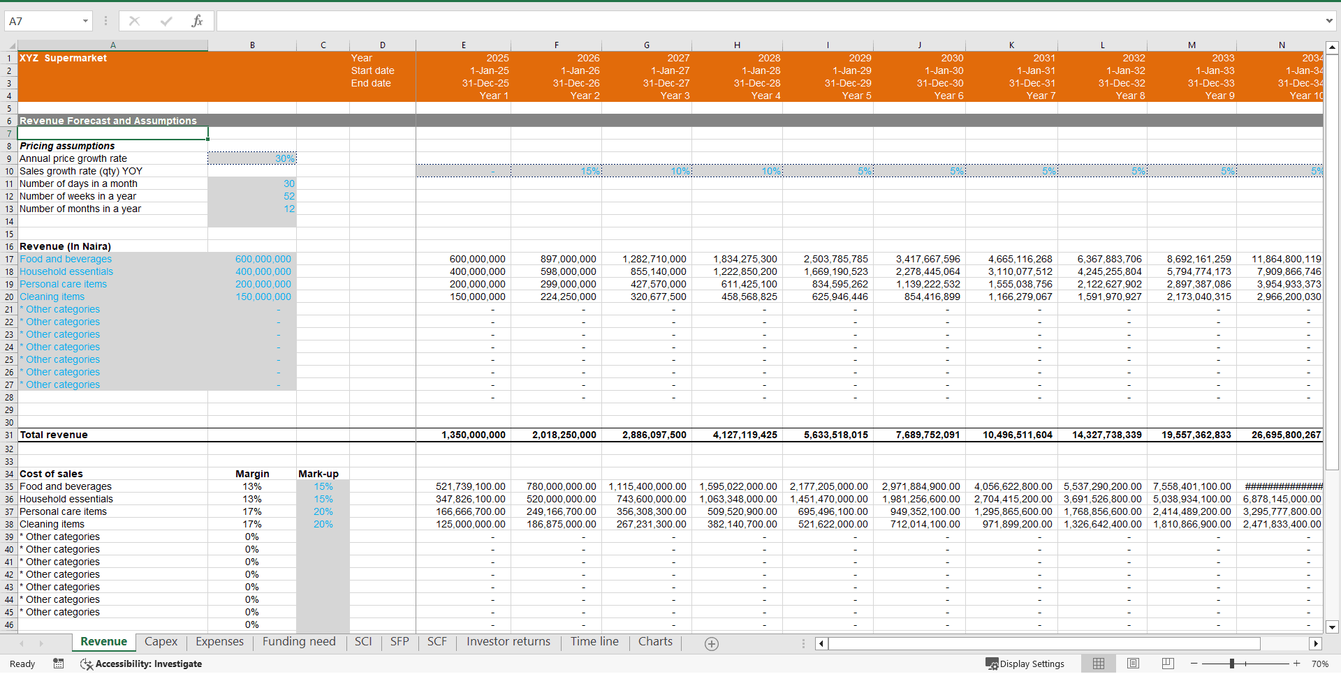 Supermarket Financial Model with 10 Year Projection (Excel template (XLSX)) Preview Image