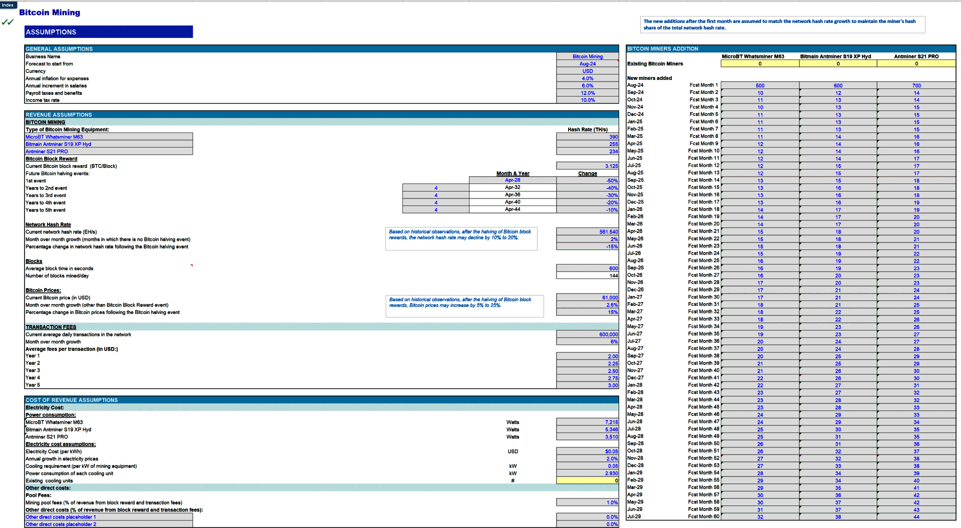 Bitcoin Mining 3-Statement Financial Model (Lite version) (Excel template (XLSX)) Preview Image