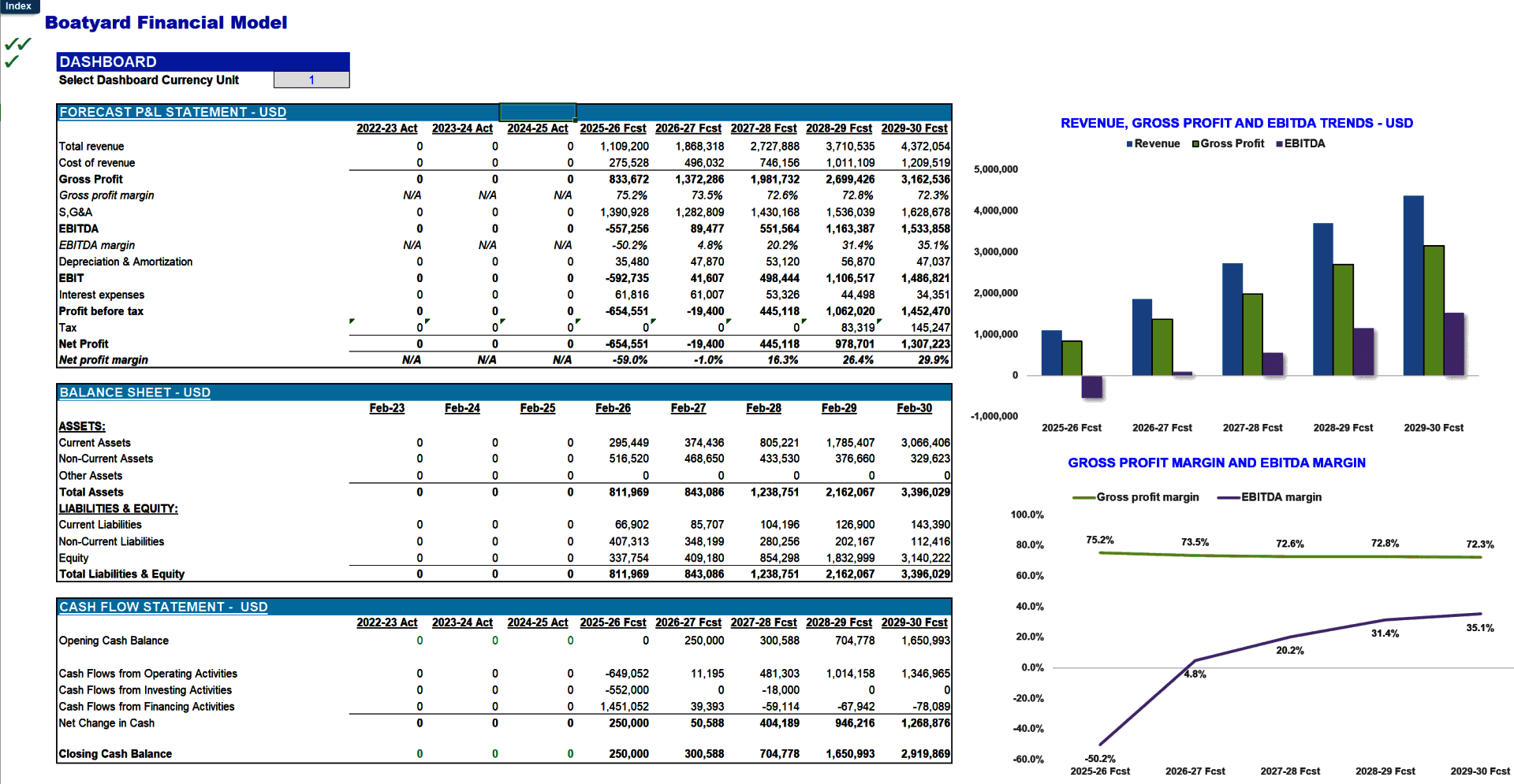 Boatyard 3-Statement Financial Model (Pro version) (Excel template (XLSX)) Preview Image