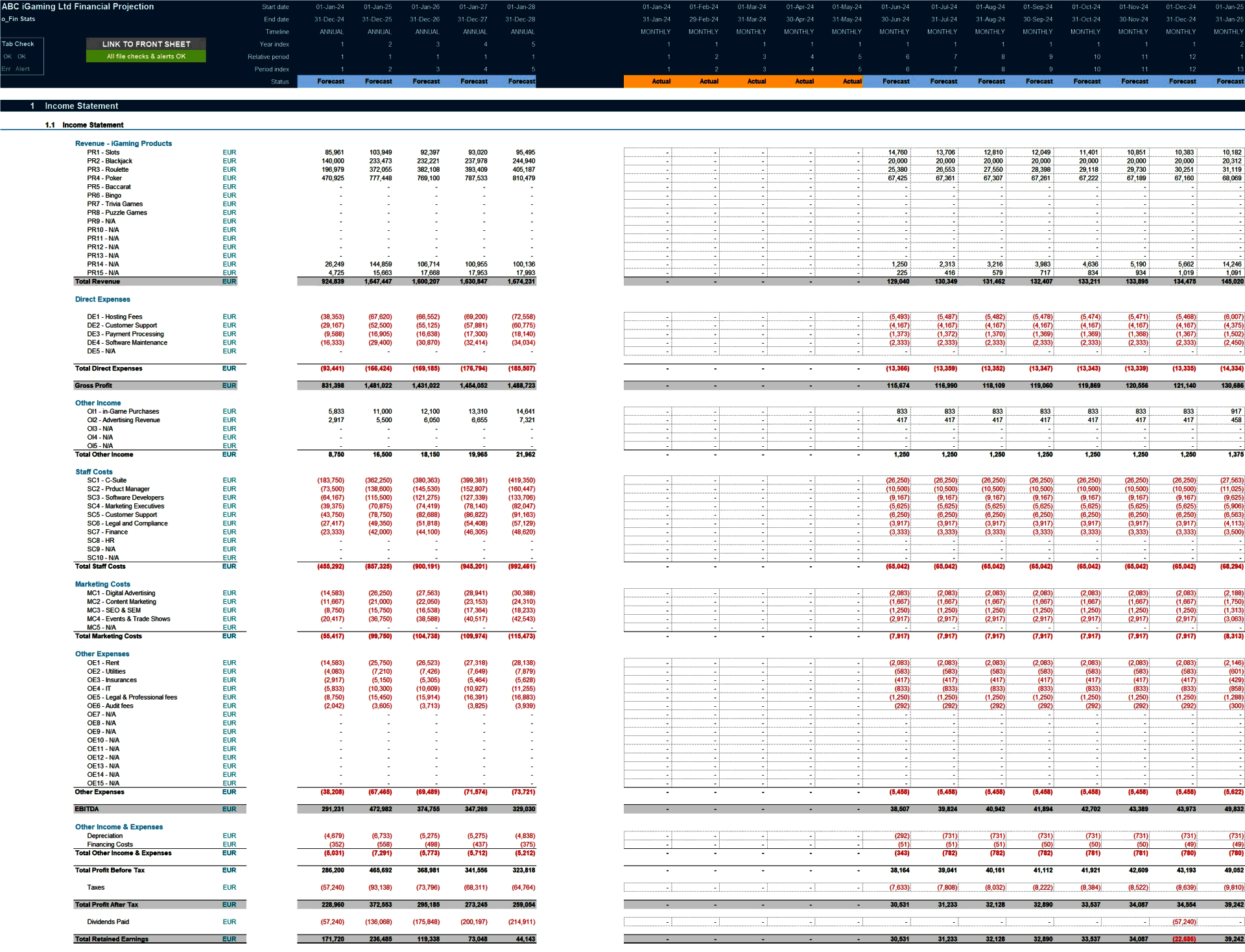 iGaming Business 5-Year 3 Statement Financial Model (Excel template (XLSX)) Preview Image