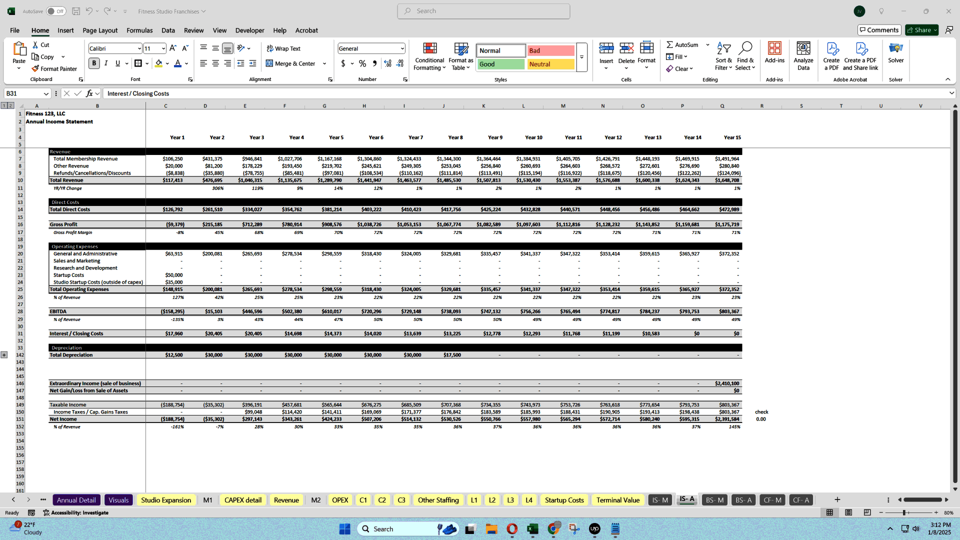 Fitness Studio Scaling Economic Model (15-Year) (Excel template (XLSX)) Preview Image