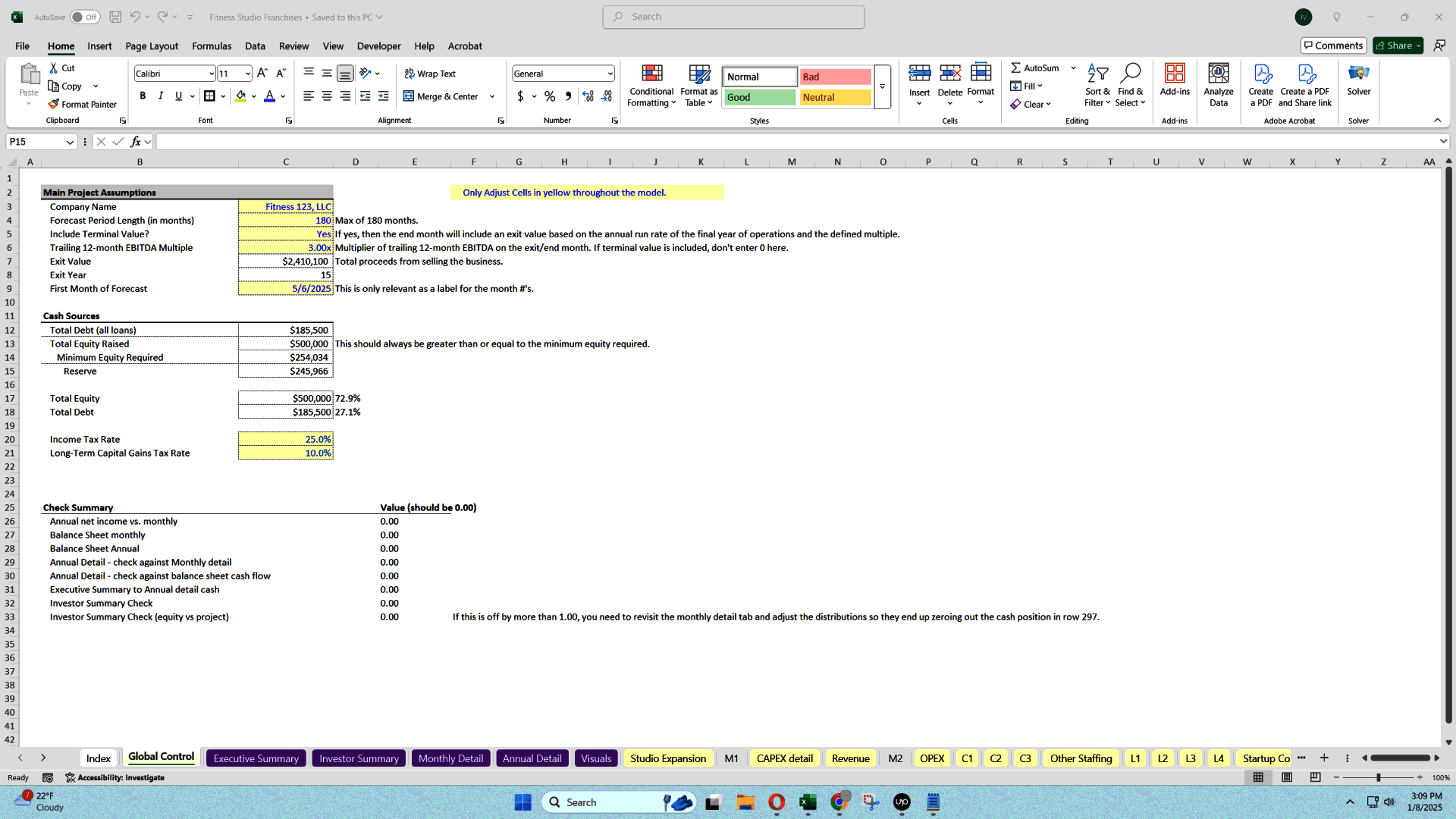 Fitness Studio Scaling Economic Model (15-Year) (Excel template (XLSX)) Preview Image