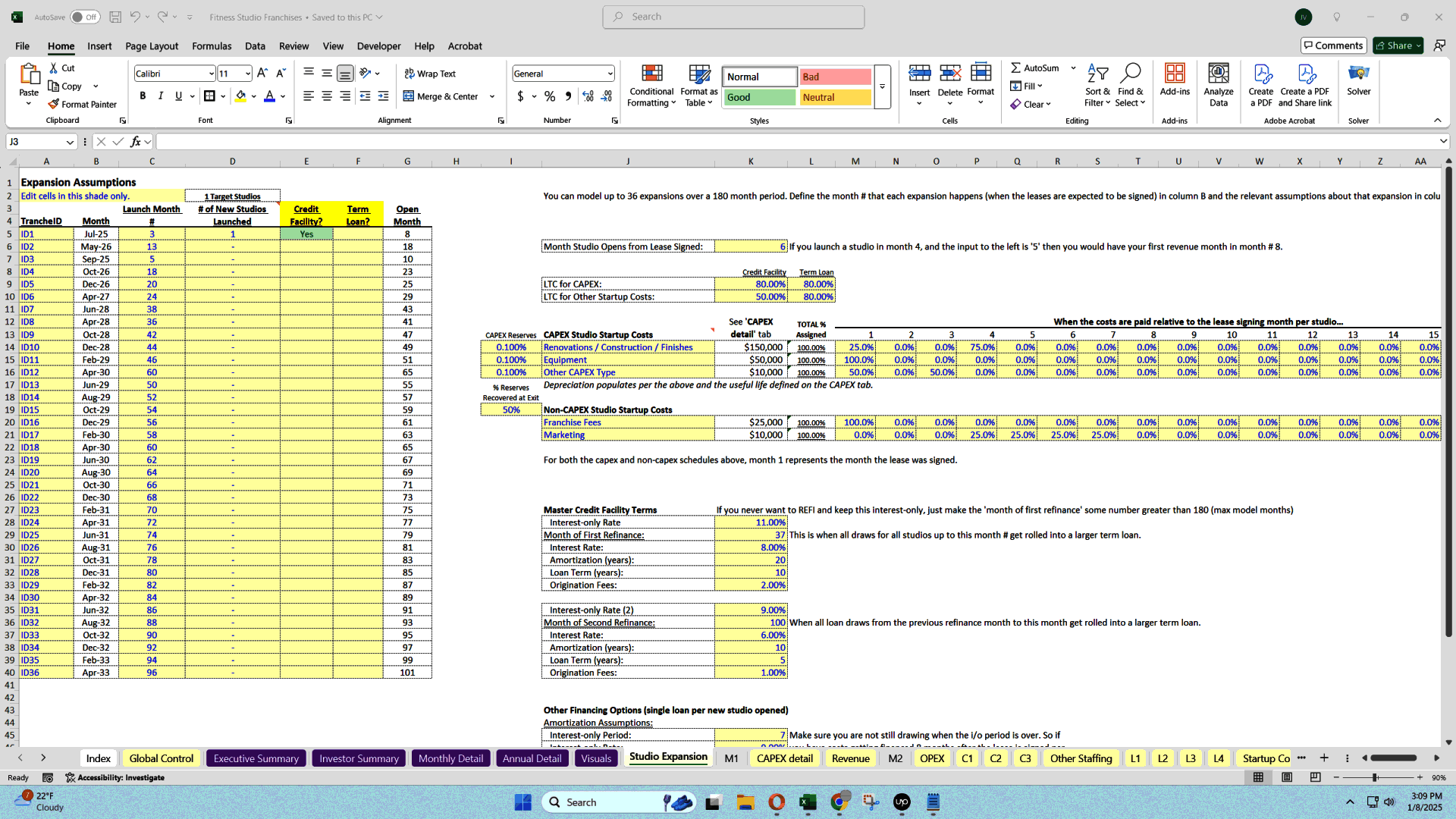 Fitness Studio Scaling Economic Model (15-Year) (Excel template (XLSX)) Preview Image