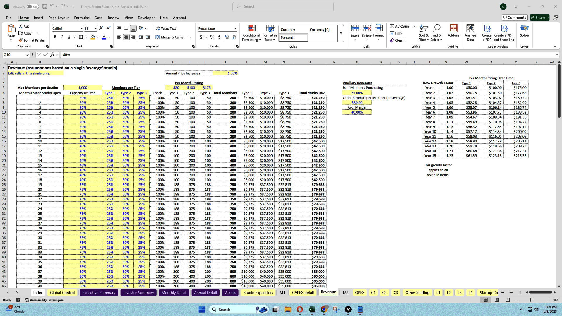 Fitness Studio Scaling Economic Model (15-Year) (Excel template (XLSX)) Preview Image