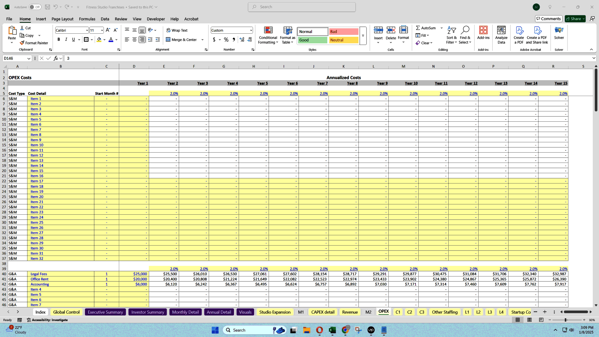 Fitness Studio Scaling Economic Model (15-Year) (Excel template (XLSX)) Preview Image