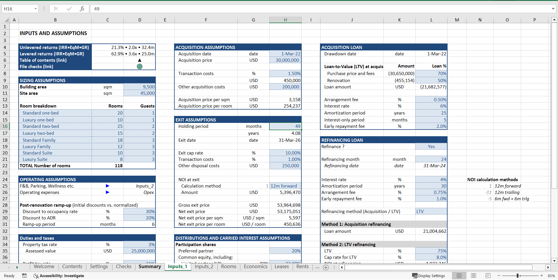 Hotel Acquisition ("Buy-Hold-Sell") Financial Model (Excel template (XLSX)) Preview Image