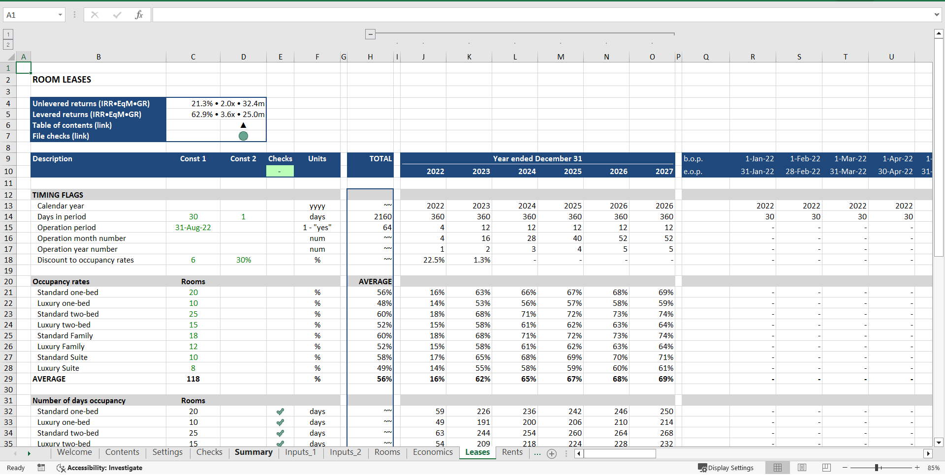 Hotel Acquisition ("Buy-Hold-Sell") Financial Model (Excel template (XLSX)) Preview Image