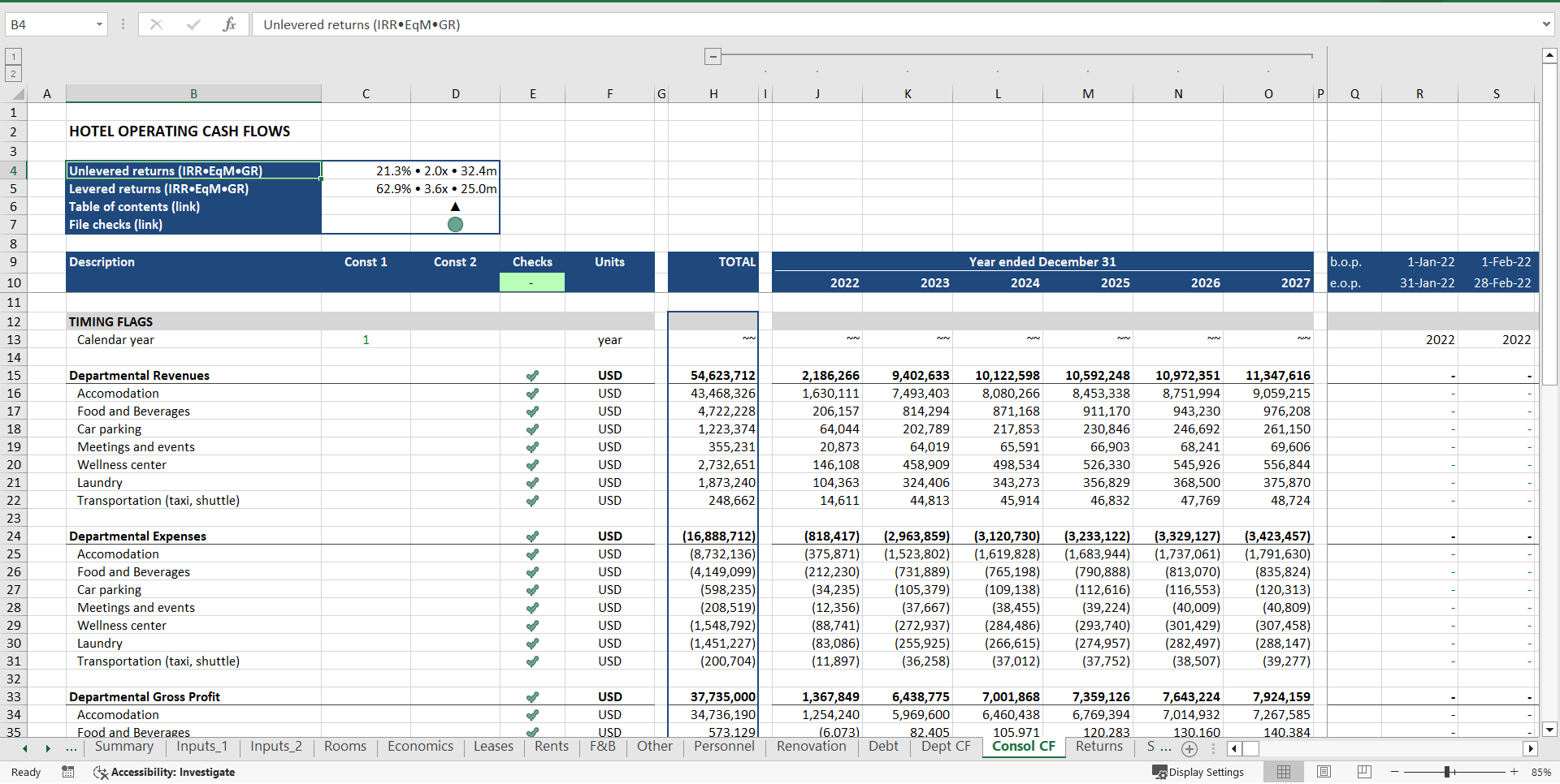 Hotel Acquisition ("Buy-Hold-Sell") Financial Model (Excel template (XLSX)) Preview Image